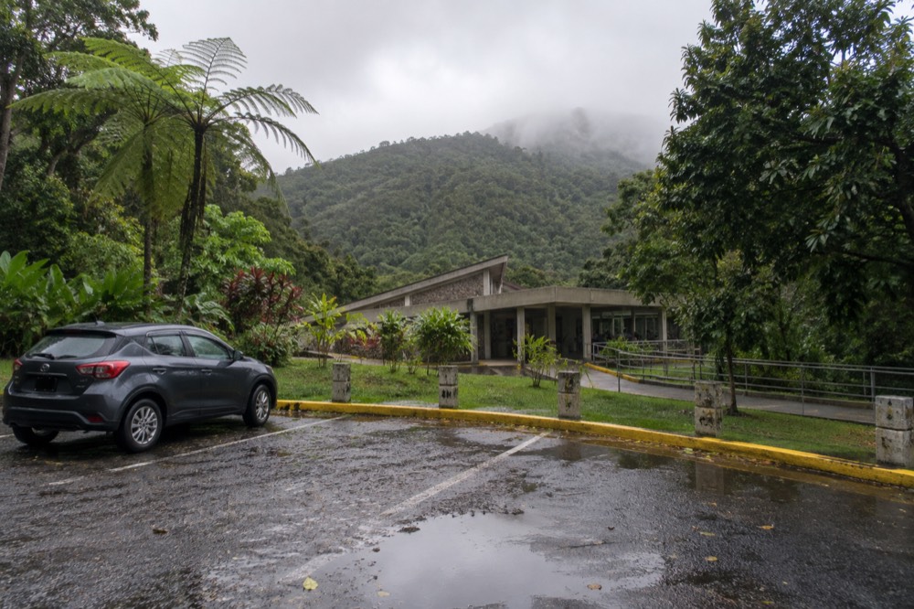 A parking area along a forest road with a sign warning that parking is limited and violators will be ticketed