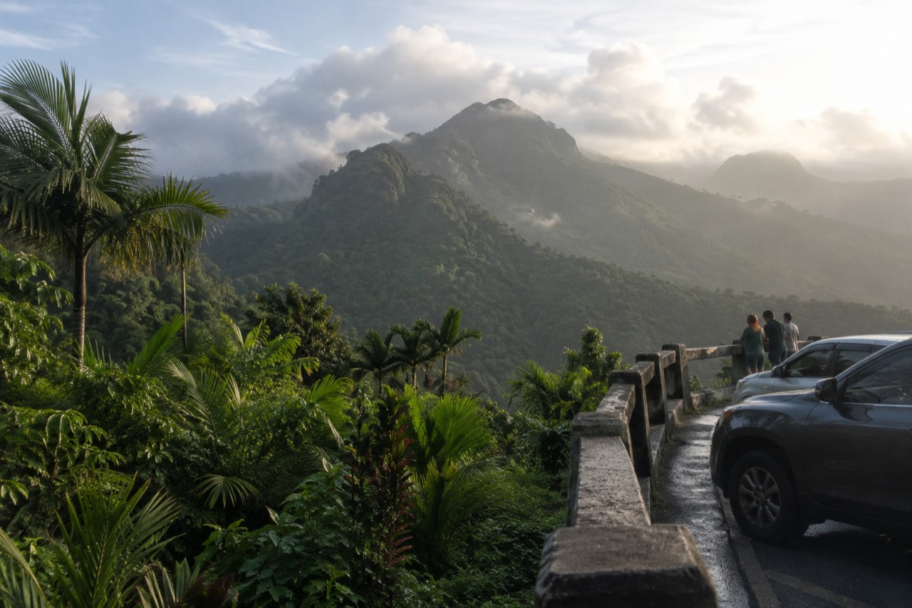 Morning mist rising over the deep green peaks of El Yunque National Forest