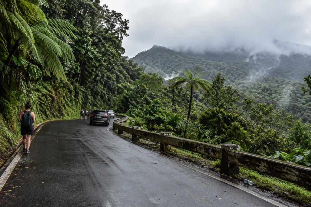 A winding mountain road through dense green forest with low clouds sitting on the ridge above