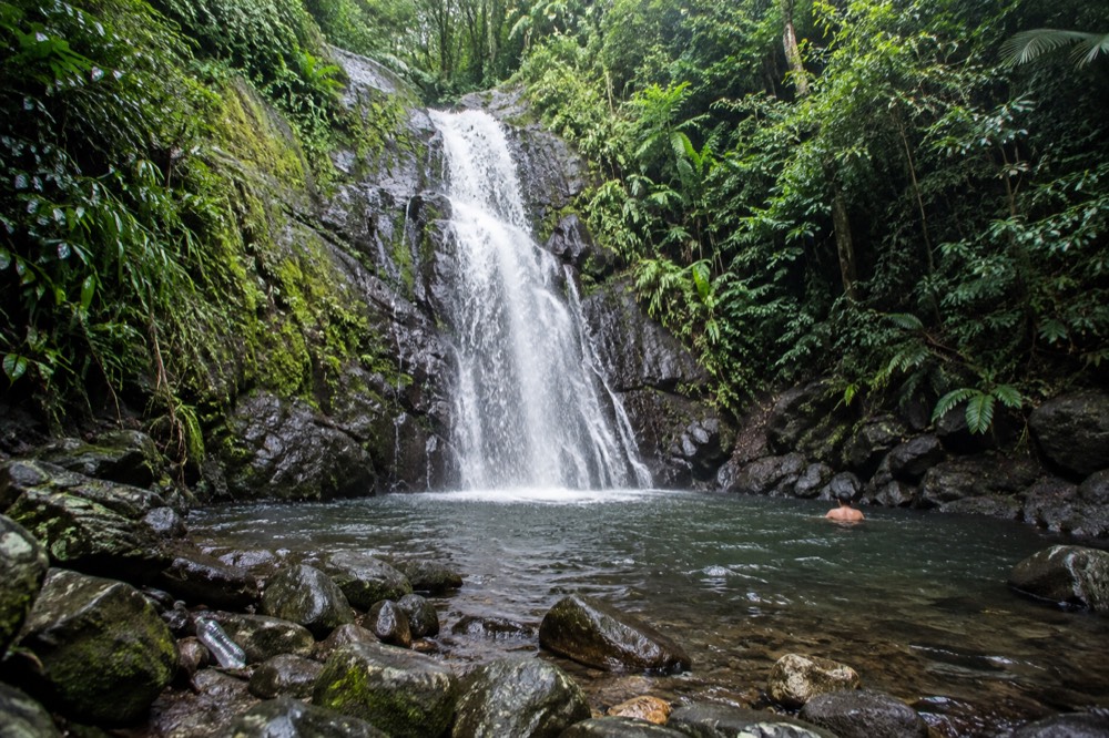 Waterfall dropping over dark rocks surrounded by dense tropical vegetation