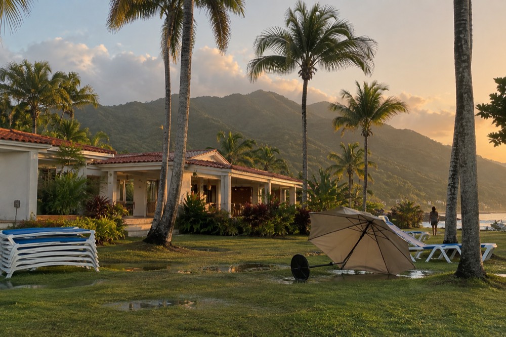 A resort building framed by palm trees and green mountains in the distance