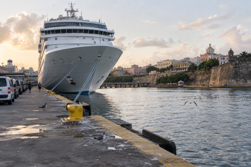 Large cruise ship docked in a harbor with a city skyline behind it