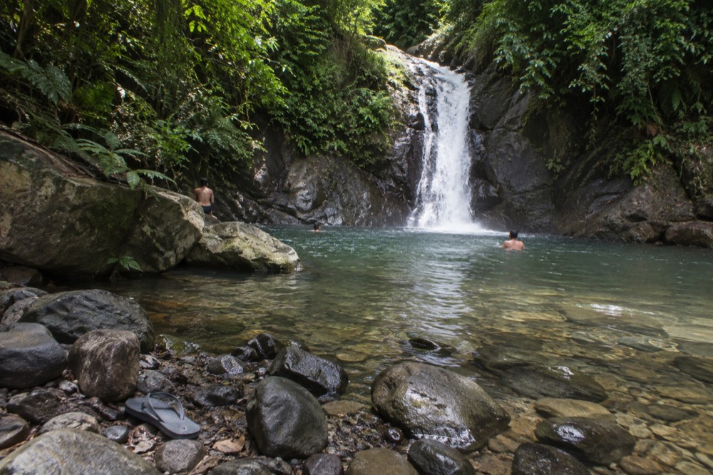 Shallow clear river pool fringed by green forest and smooth rocks.