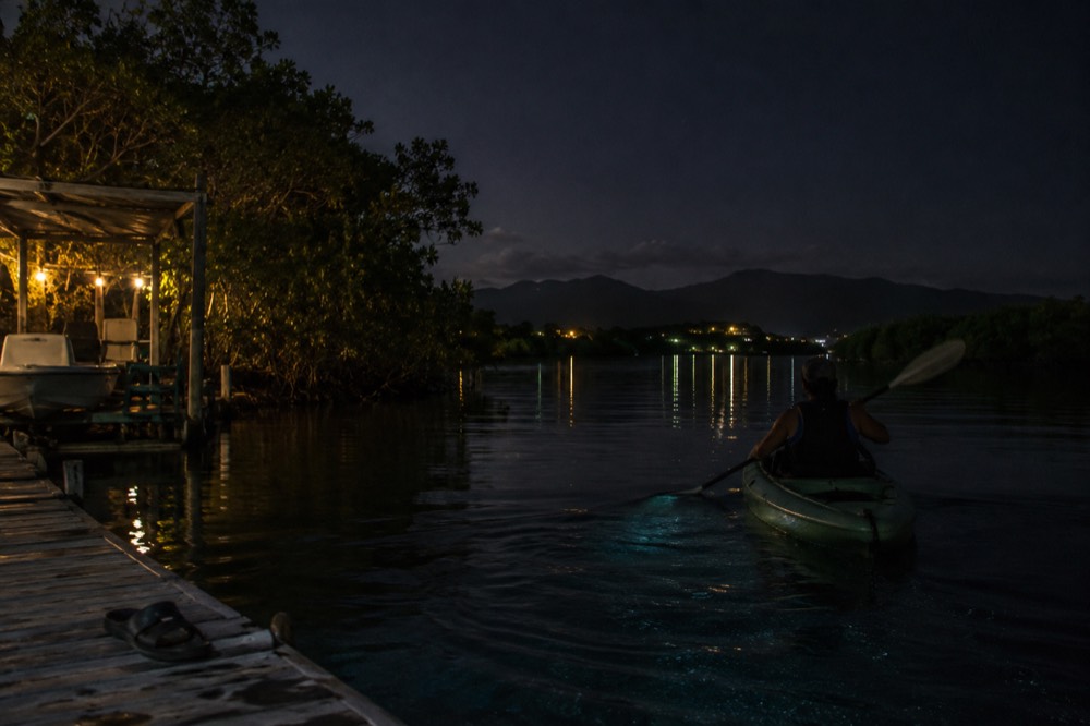 Night sky over dark water with faint blue-green shimmer trailing behind a paddle.