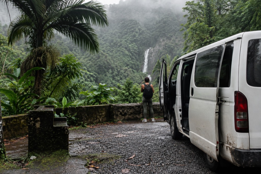 Tour van parked at a rainforest roadside pullout surrounded by dense vegetation.