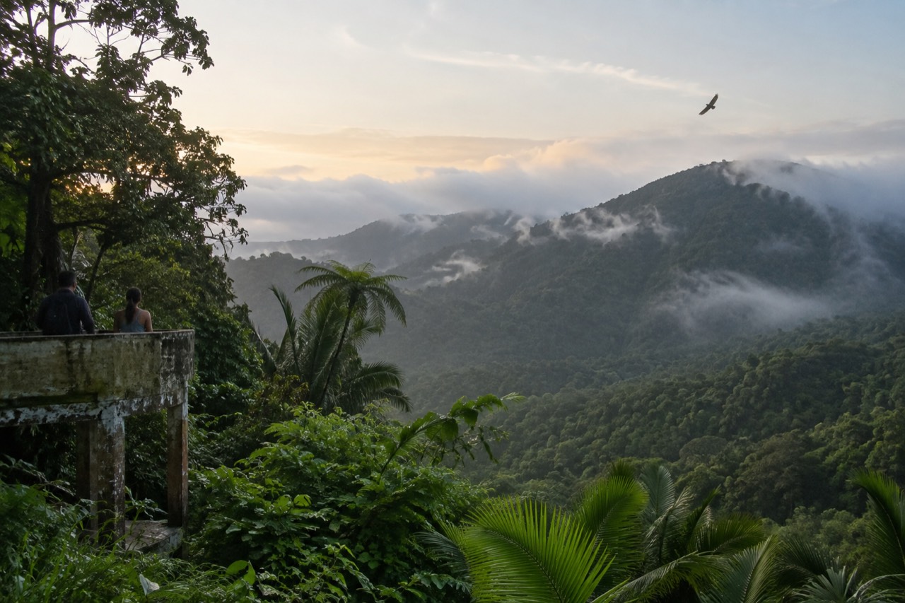 Dense green rainforest canopy with mist resting between the ridges of the Luquillo Mountains.
