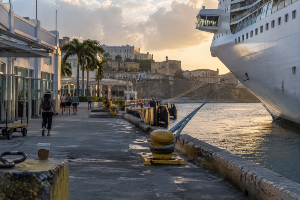 A cruise ship docked at a harbor terminal with buildings and hills in the background