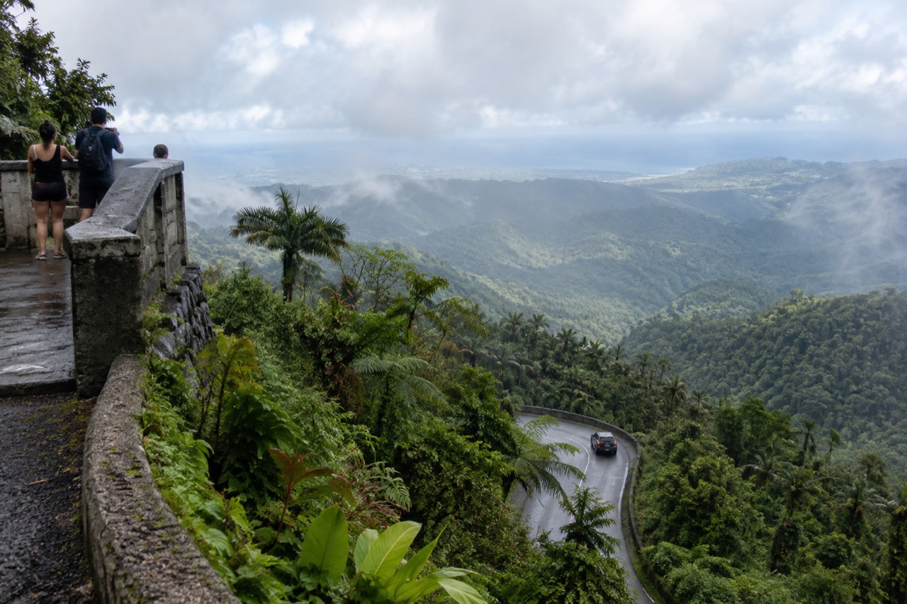 Rainforest-covered mountain slopes rising above a winding forest road in eastern Puerto Rico