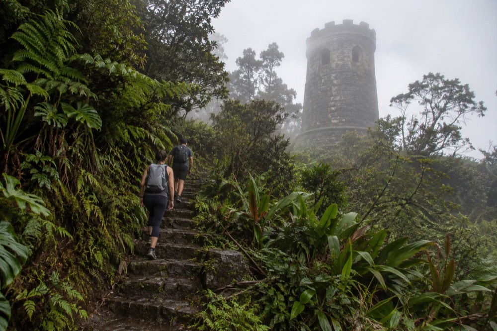 A stone observation tower rising above dense green rainforest canopy in mist