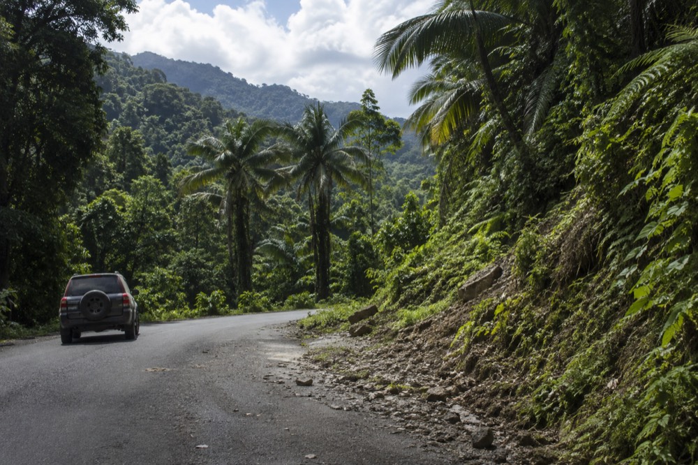 A winding forest road climbing through green mountains toward a rainforest trailhead