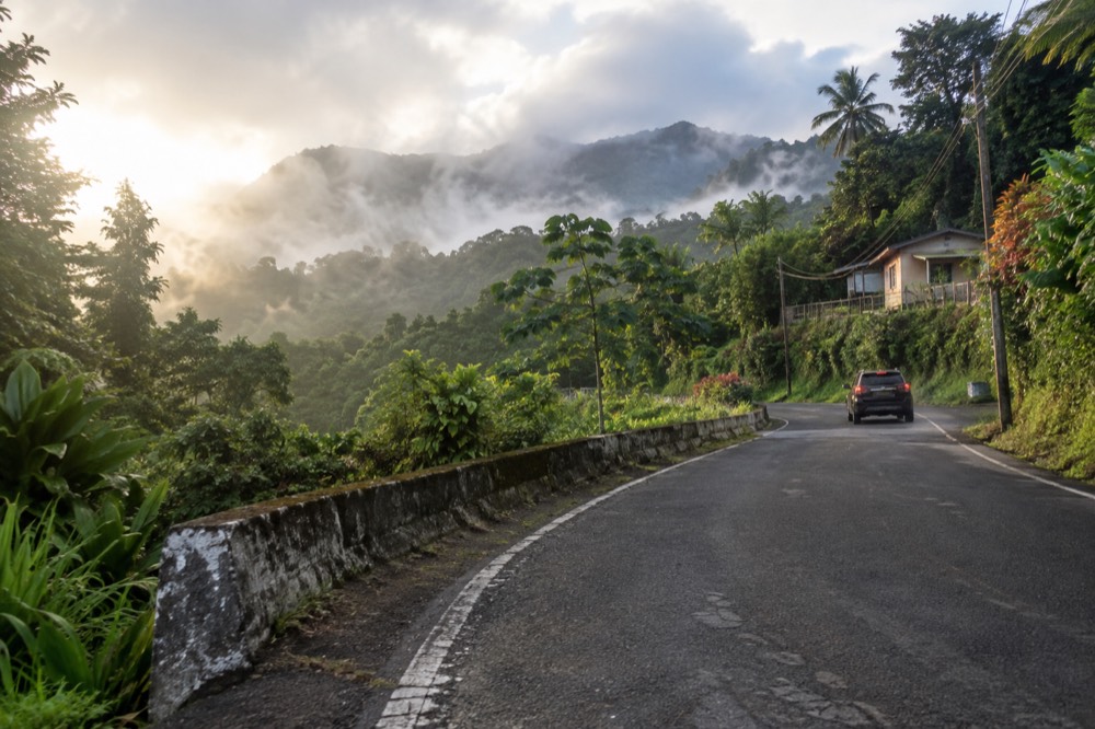 A winding mountain road climbing through rainforest toward high ridges in cloud