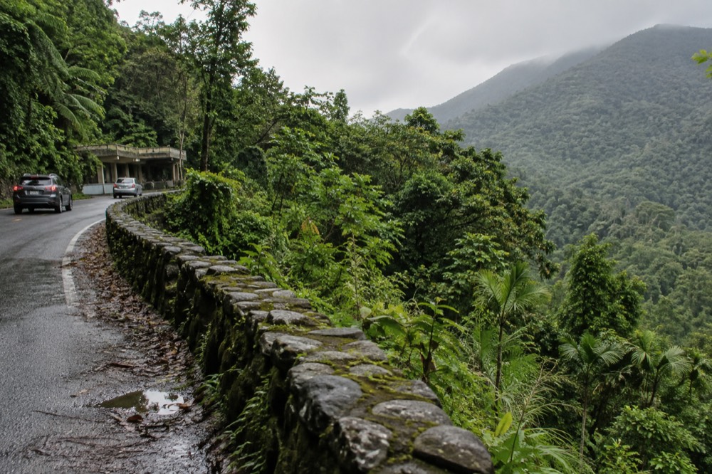 Green forested mountain road with a stone guardrail in tropical rainforest