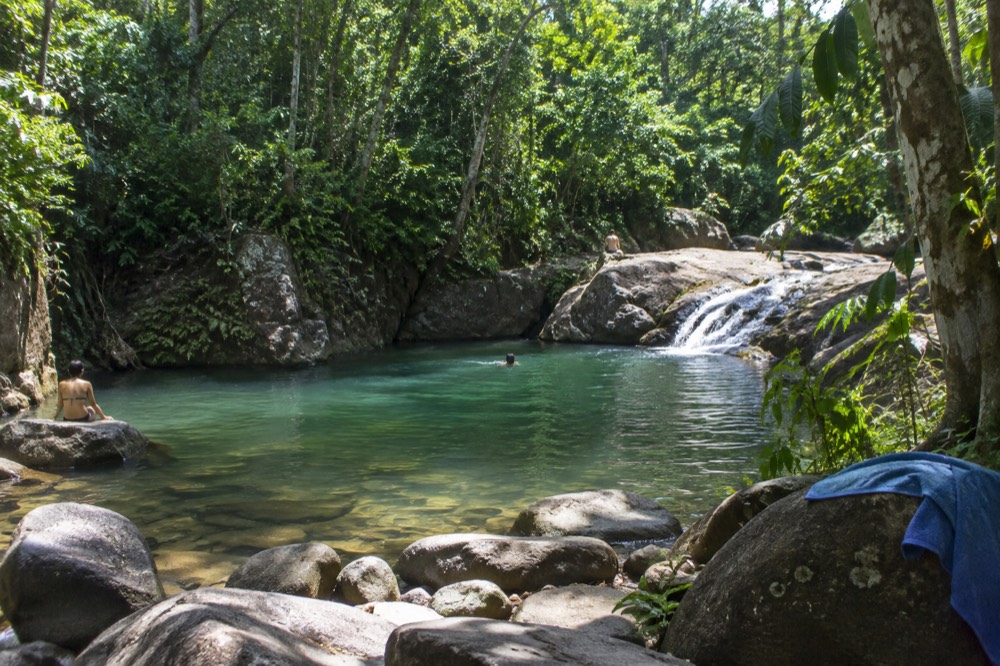 A calm green river pool under tall trees, with smooth rocks along the near bank