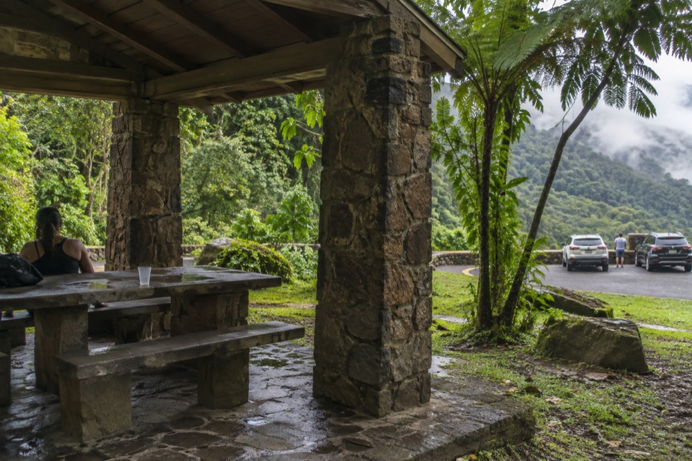A stone picnic shelter built by the Civilian Conservation Corps beside a rainforest road