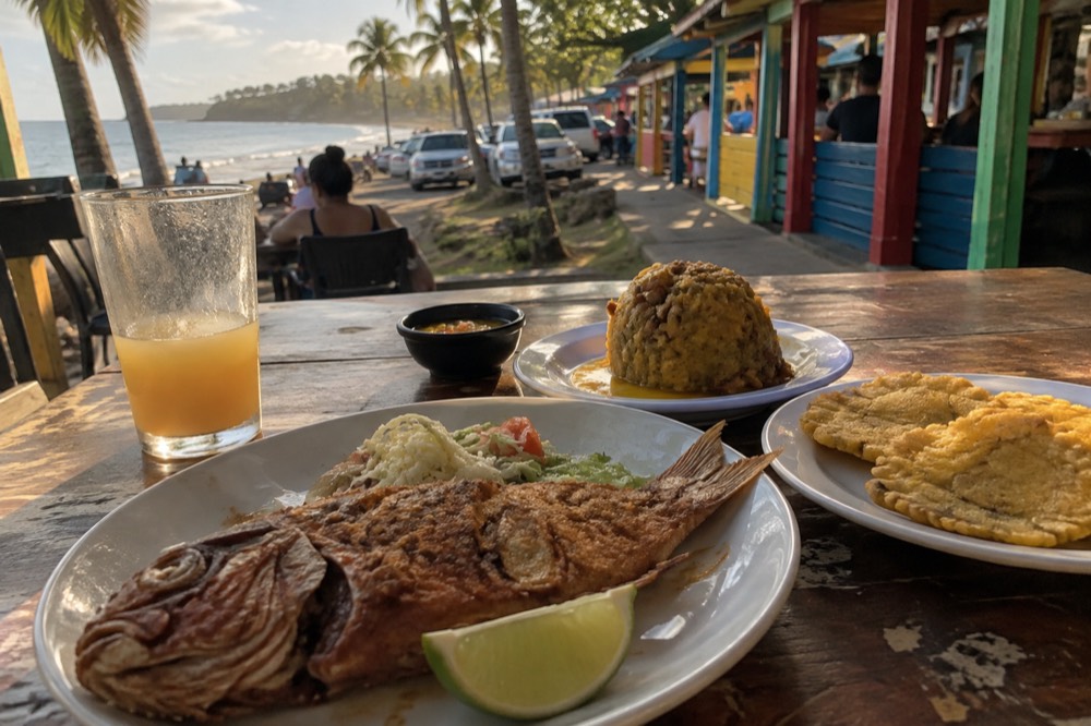 Plates of fried fish, mofongo and plantains on a wooden table beside the beach