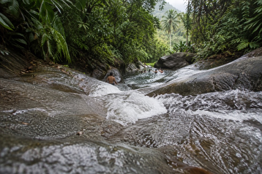 Water rushing down a smooth inclined rock channel fringed by tropical vegetation