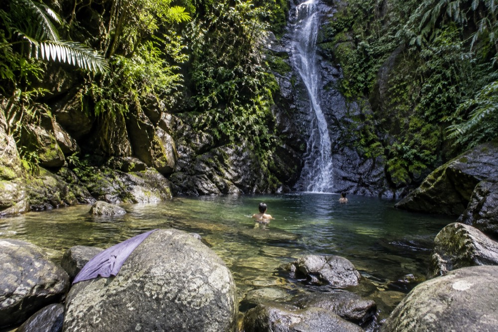 Clear shallow river pool between smooth rocks in lush green forest