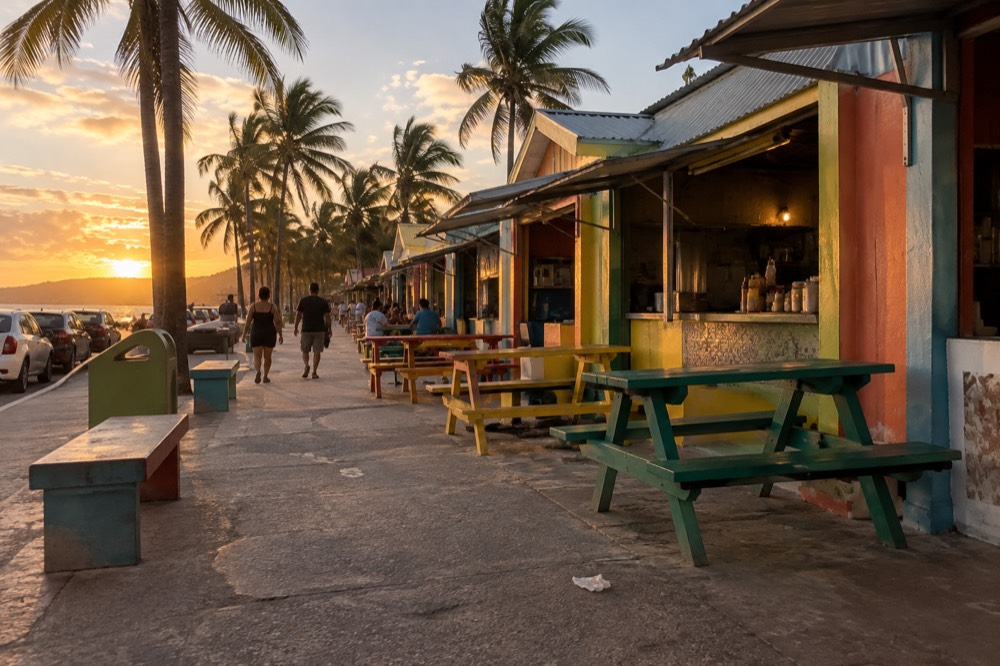 A row of colorful beachside food stalls with picnic tables and palm trees under a clear sky