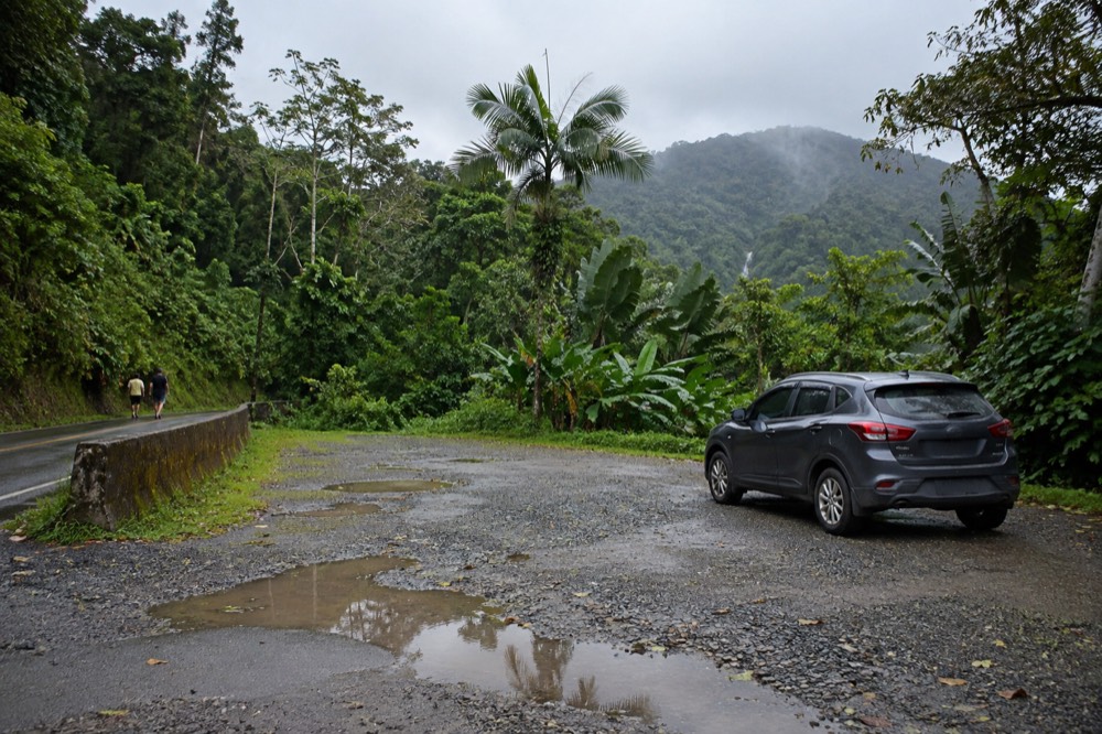 Parking area near a forested roadside with tropical trees and mountain backdrop